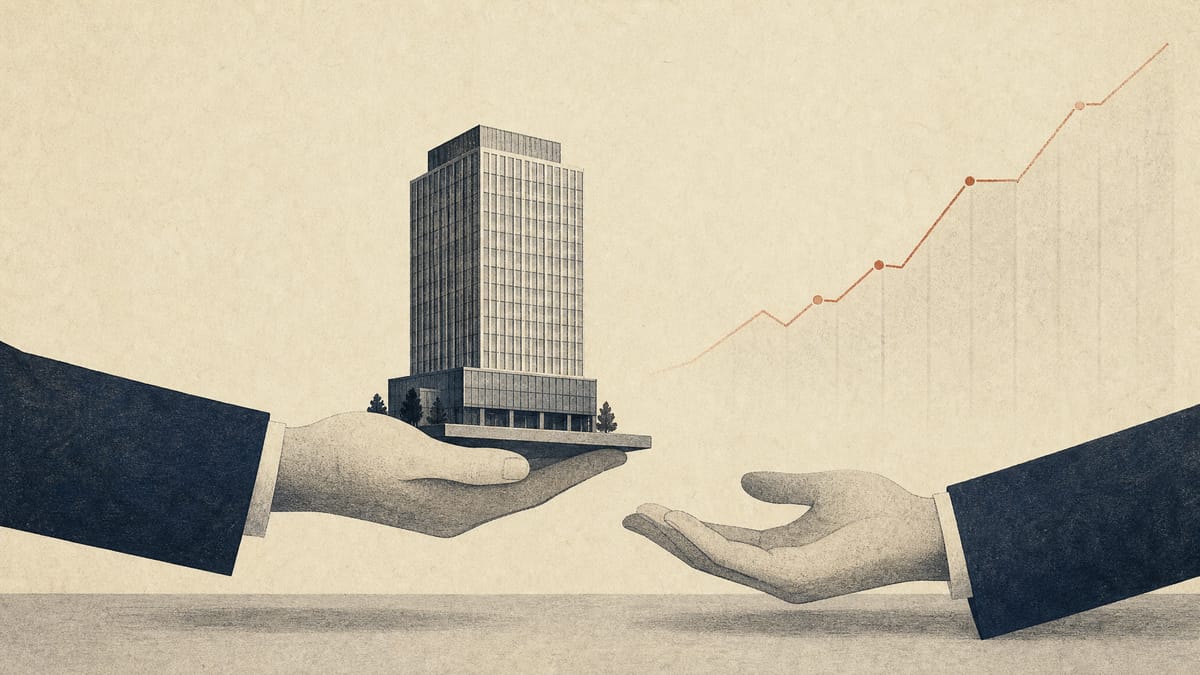 Illustration of a small office building model changing hands, with a faint rising interest-rate line in the background, symbolizing property sales and rising borrowing costs.