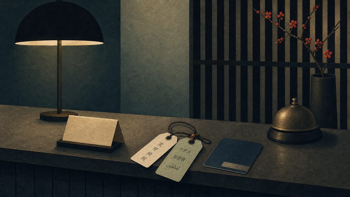A hotel reception counter with multilingual luggage tags and a room key card, evoking a Tokyo hotel catering to international guests.