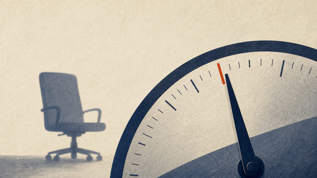 Abstract illustration of an ownership-stake gauge needle crossing from just above five percent to just above six percent, with a faded empty boardroom chair silhouette in the background.