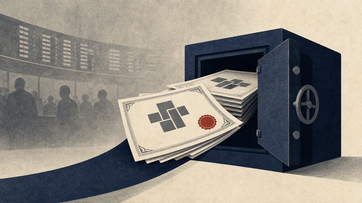 Illustration of a corporate treasury vault absorbing a block of abstract stock certificates, representing a share buyback transaction.