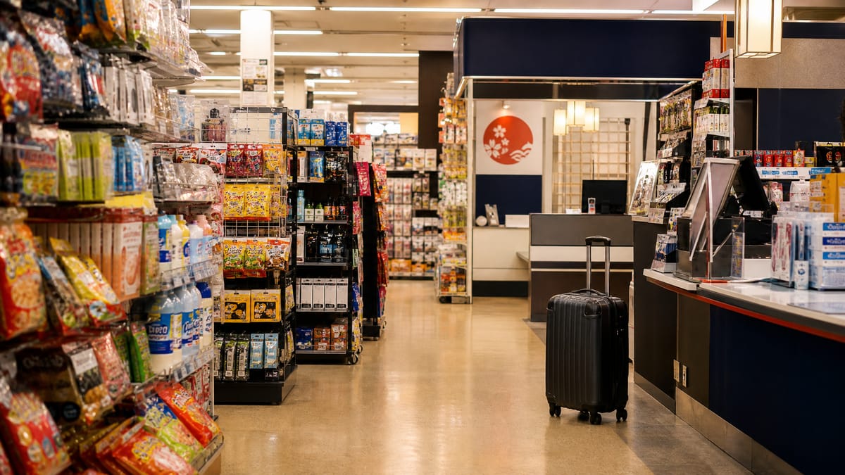 Interior of a discount store aisle with packed shelves and a shopper's rolling suitcase near the checkout, evoking inbound tourist retail spending.