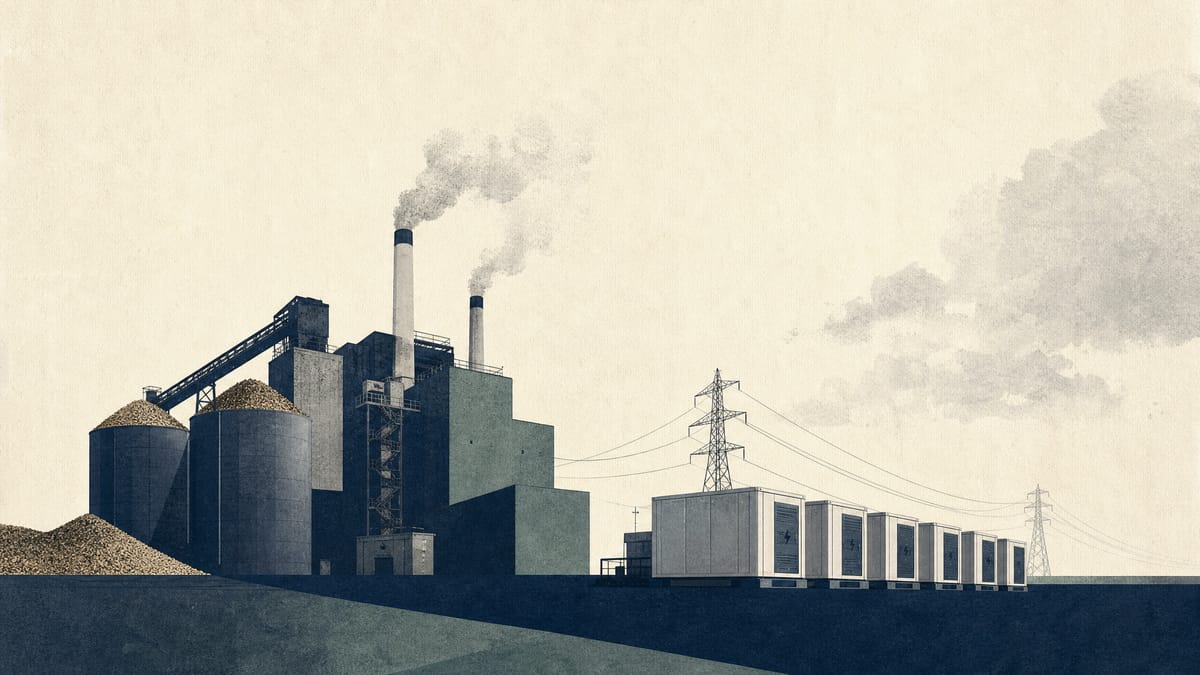 Illustration of a biomass power plant next to grid-scale battery storage units linked by transmission lines.