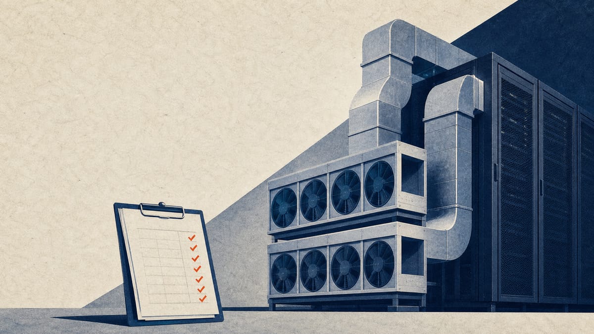 Data-center cooling equipment and ductwork on an industrial floor, representing surging AI infrastructure orders.