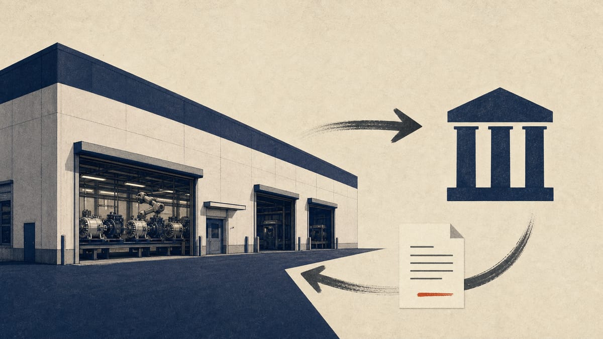 Illustration of a Japanese auto-parts factory changing ownership to an investment fund while continuing production under a long-term lease.