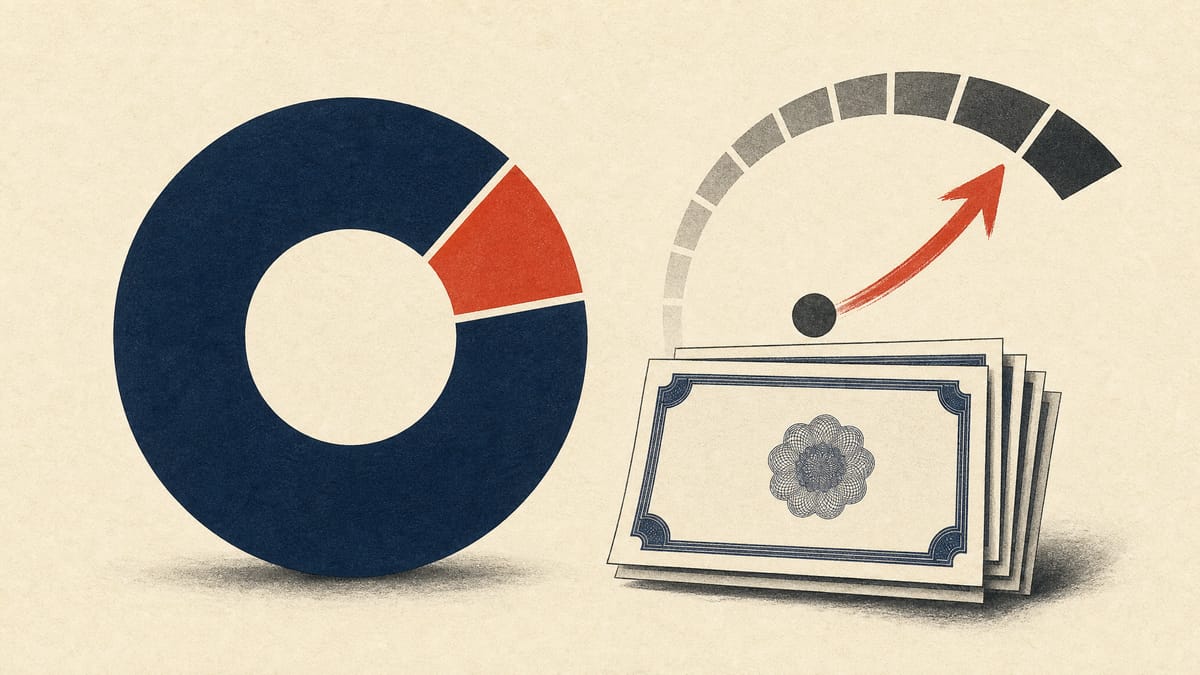 Illustration of an ownership pie chart with a highlighted wedge, stacked stock certificate icons, and an upward gauge arrow, symbolizing an investor increasing its shareholding stake.