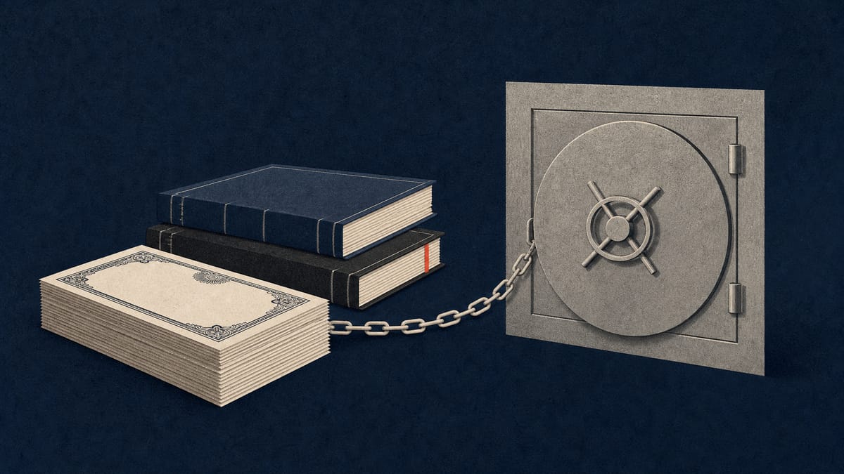 Illustration of stacked share certificates and ledgers, with one stack chained to a bank vault door symbolizing pledged loan collateral.