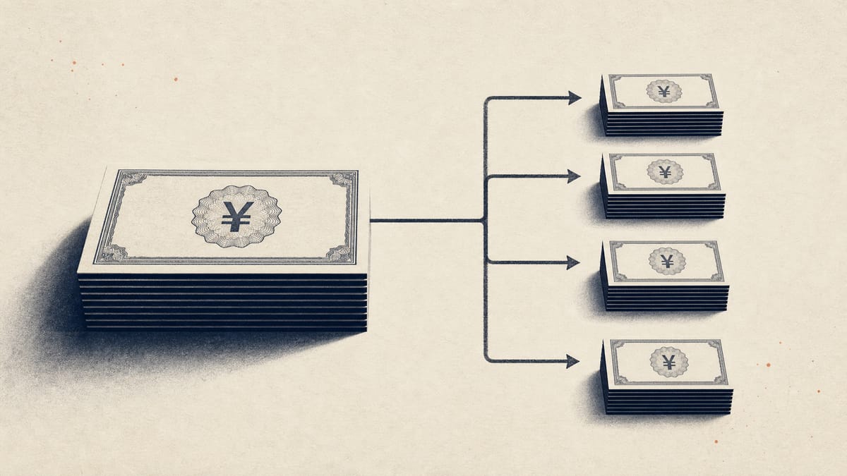 Illustration of one large stack of share certificates splitting into four smaller stacks, representing a block trade divided among several institutional buyers.
