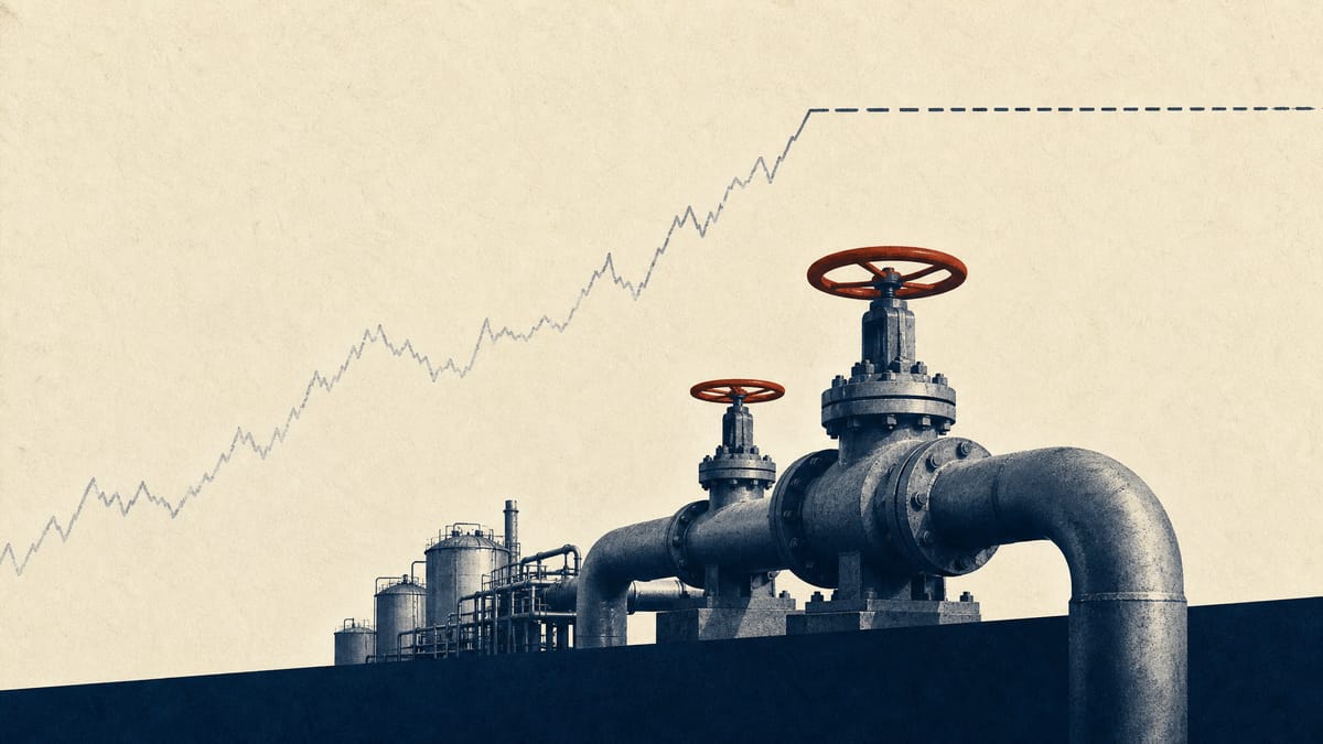 Industrial gas pipeline infrastructure with a faint overlaid financial line graph, symbolizing a utility company's bond financing capacity.