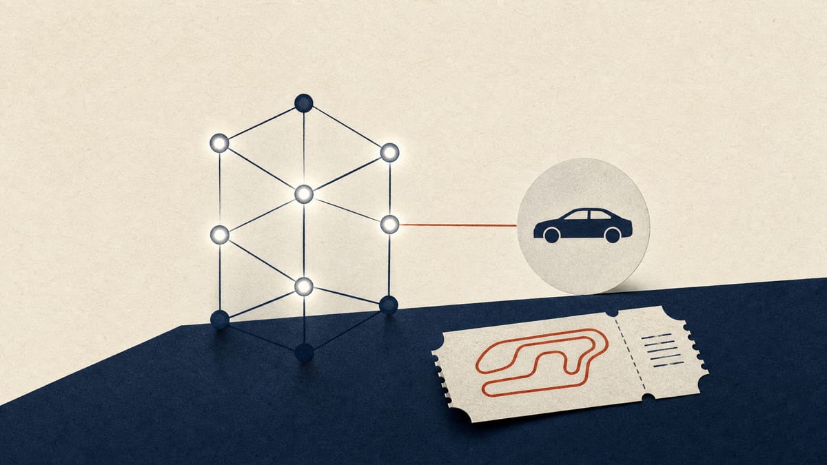 Illustration of a blockchain ledger network linked to a car silhouette and a small racetrack ticket stub, representing a tokenized bond that funds auto loans and rewards buyers with non-cash perks.