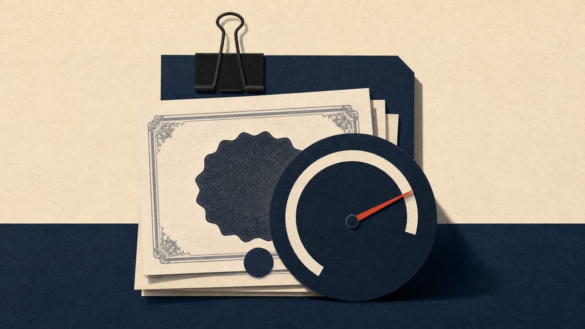 Illustration of share certificates pinned under a loan document with a nearly-full ownership gauge, representing a debt-financed controlling stake nearing a squeeze-out threshold.