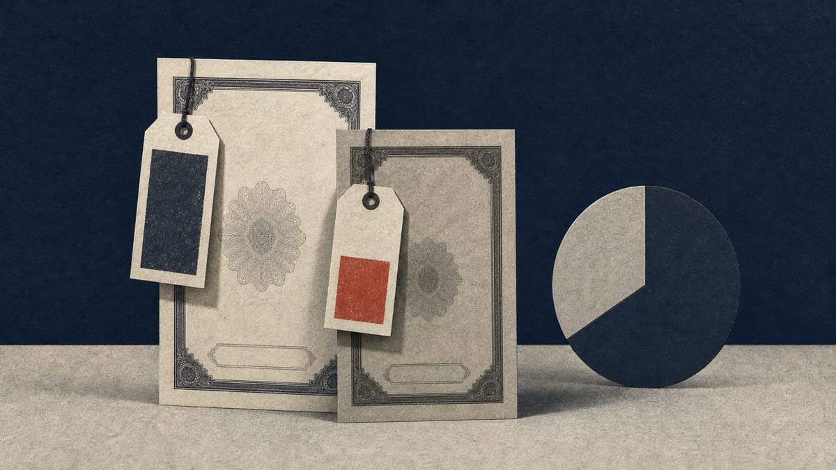 Illustration of two stock certificates priced differently next to an ownership-percentage pie chart, representing a buyout offer with two different share prices for different shareholder groups.