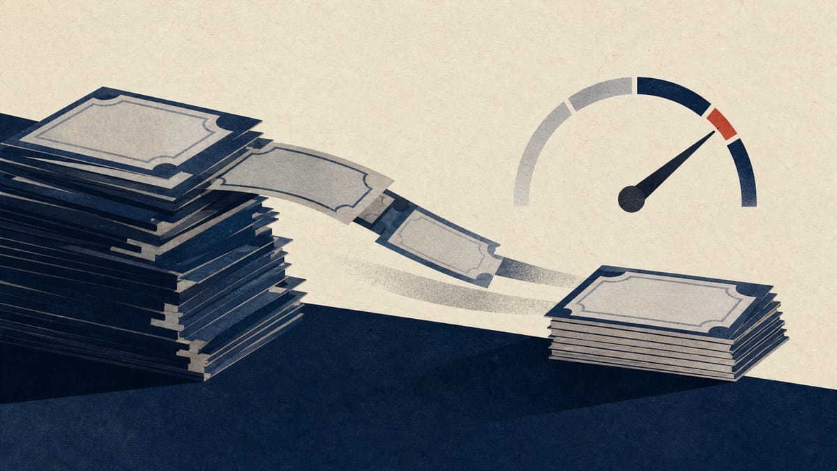 Illustration of interlocking share certificates being unwound into a smaller stack, with a percentage gauge indicating a rising ownership stake.