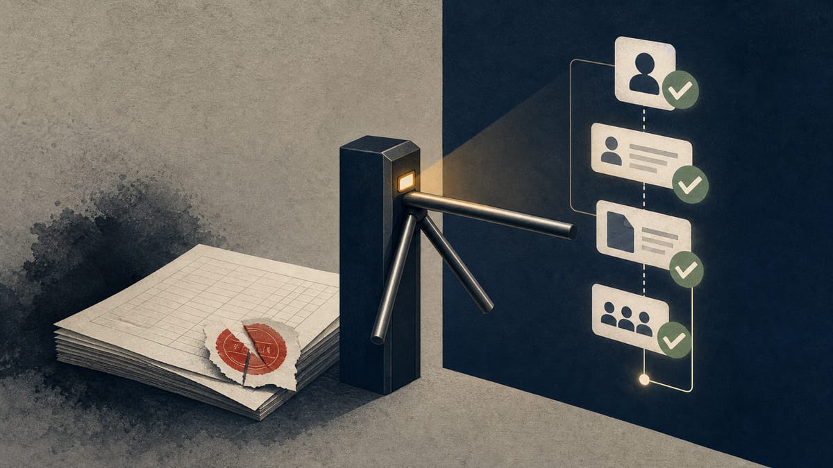 Illustration of a compliance checkpoint barrier stopping a paper bid ledger next to a digital approval workflow of checkmarks, symbolizing tightened antitrust controls at a Japanese subsidiary.