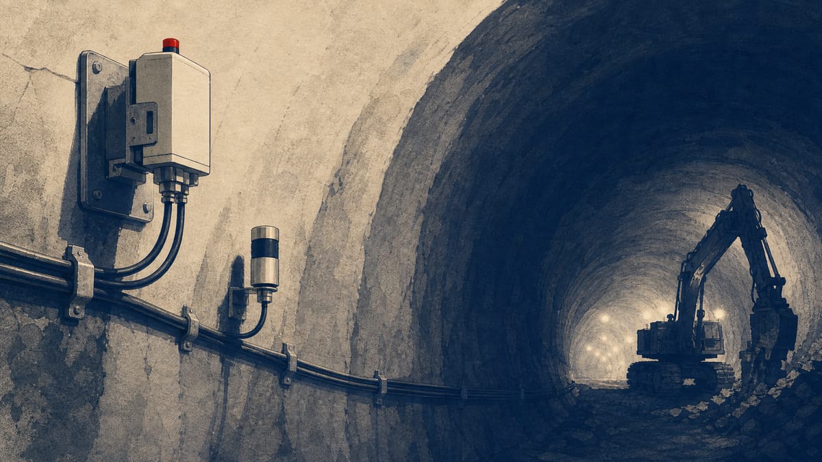 Illustration of tunnel-monitoring sensors and cabling inside a mountain tunnel construction site.