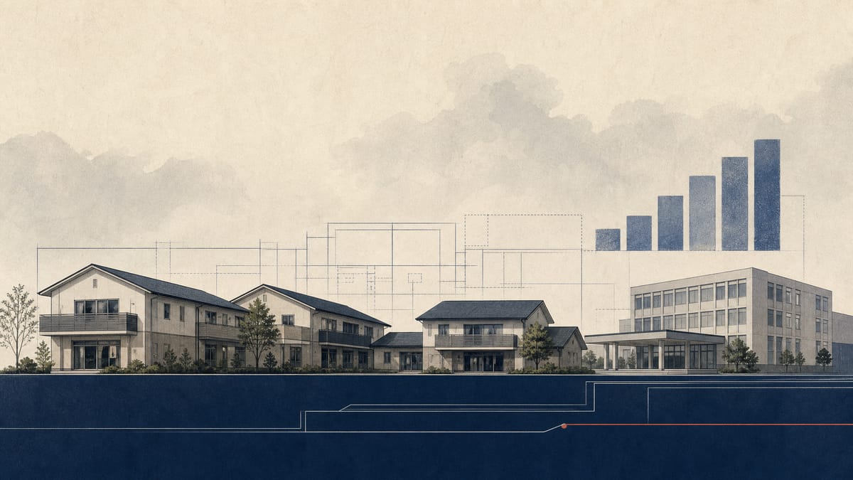 Illustration of Japanese elder-care facility buildings and a hospital annex with a faint blueprint overlay symbolizing a real estate trust's expanding property portfolio.