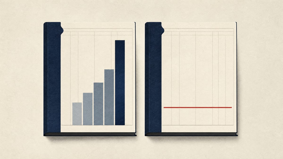 Abstract illustration contrasting a rising standalone-earnings bar with a flat consolidated-earnings line, representing Hitachi's separate accounting treatments for a share-sale gain.