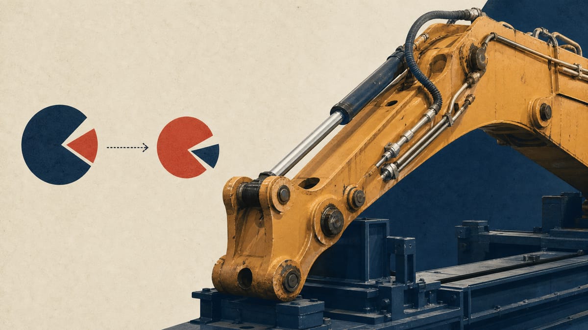 Editorial photograph of a construction machinery assembly line with an abstract ownership-transfer graphic overlay, representing a parent company's stake sale and the subsidiary's share buyback.