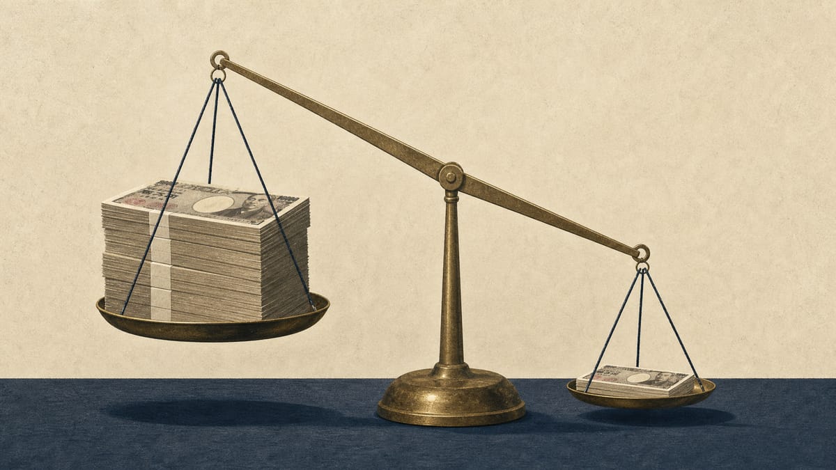 Illustration of a balance scale weighing a large stack of yen banknotes against a small stack, representing a lawsuit's claimed damages versus a contractual liability cap.