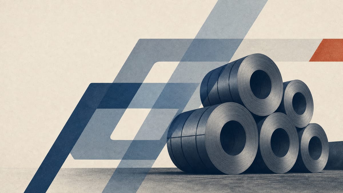 Illustration of stacked steel coils overlaid with translucent geometric bands representing fractional shareholding stakes held by different financial entities.