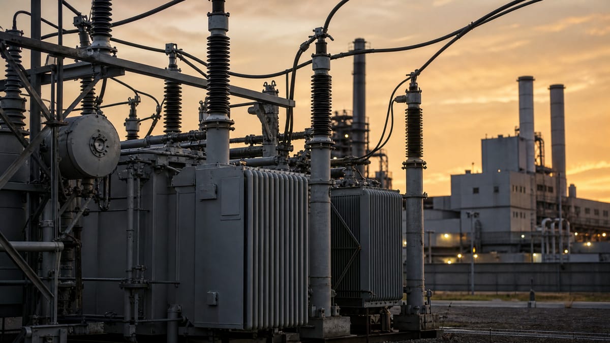 High-voltage transformer yard and heavy cabling outside an industrial factory, representing rising electricity tariffs for large corporate power users.