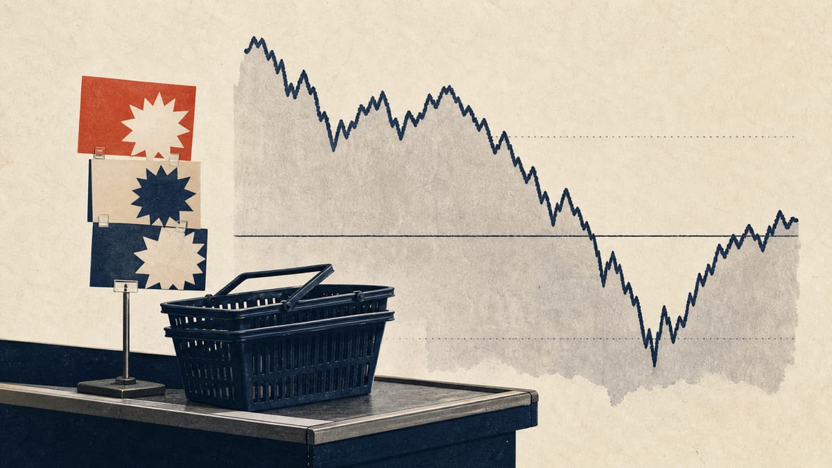 Illustration of a discount grocery checkout with bargain-price signage next to an abstract yen exchange-rate line chart, symbolizing steady retail sales against a currency swing.