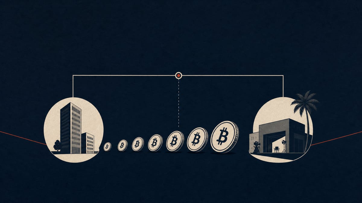 Abstract diagram showing digital coin shapes flowing along a corporate ownership line between a Japanese holding company and a US media company.