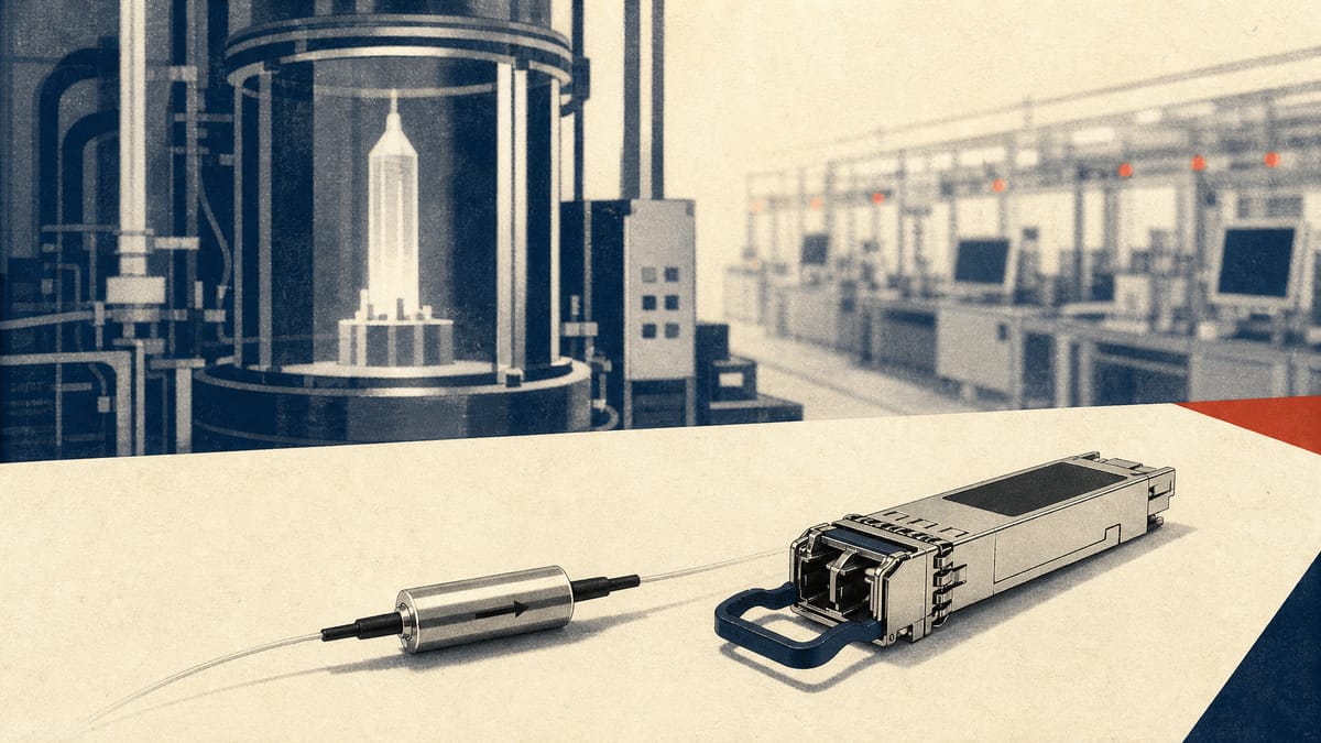 Close-up of an optical isolator component and fiber-optic transceiver module on a factory workbench, with a crystal-growth furnace visible in the background.