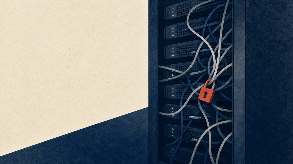 Illustration of a server rack and network cables with a padlock symbol representing a corporate data breach investigation.