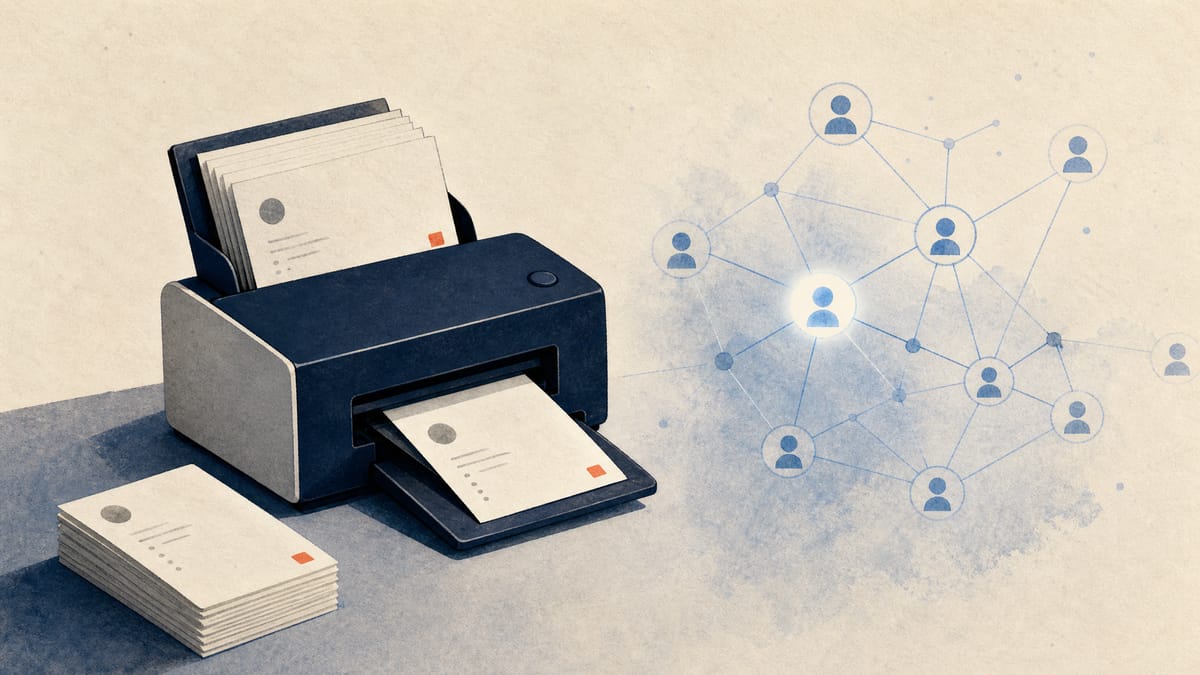 Illustration of paper business cards feeding into a scanner next to a glowing digital contact-network diagram, symbolizing data digitization.