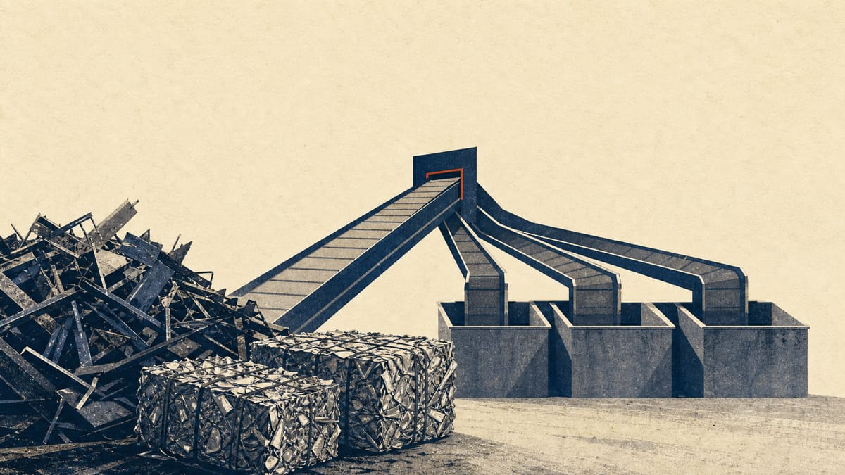 Illustration of a scrap metal yard with a conveyor belt splitting into multiple bins, symbolizing raised funds being redirected to different uses.