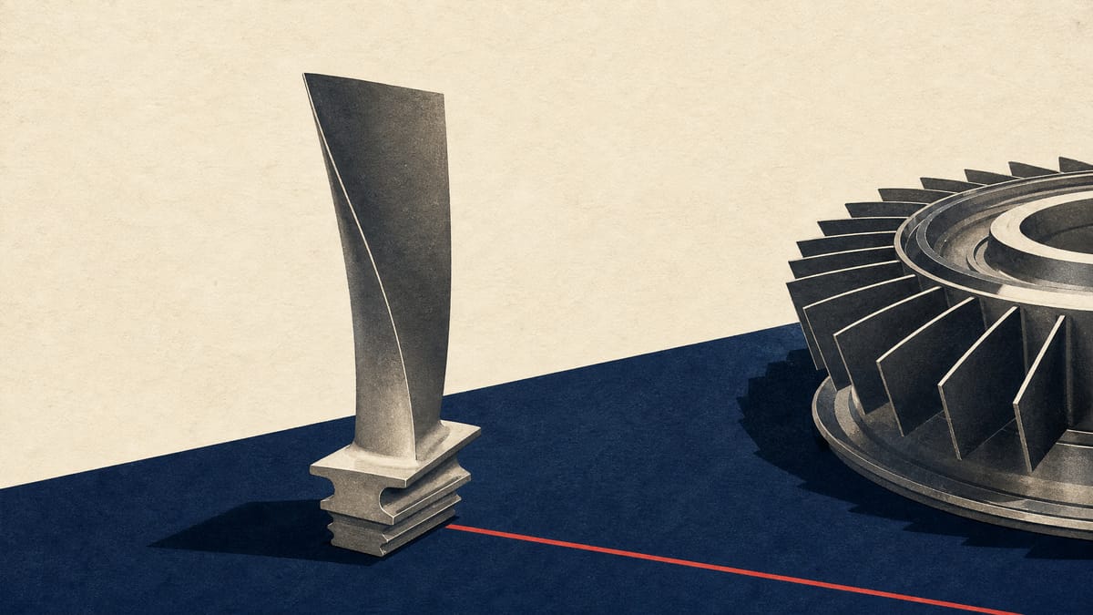 Titanium-aluminum turbine blades and a jet engine turbine module arranged on a factory workbench, representing AeroEdge's aerospace parts manufacturing.