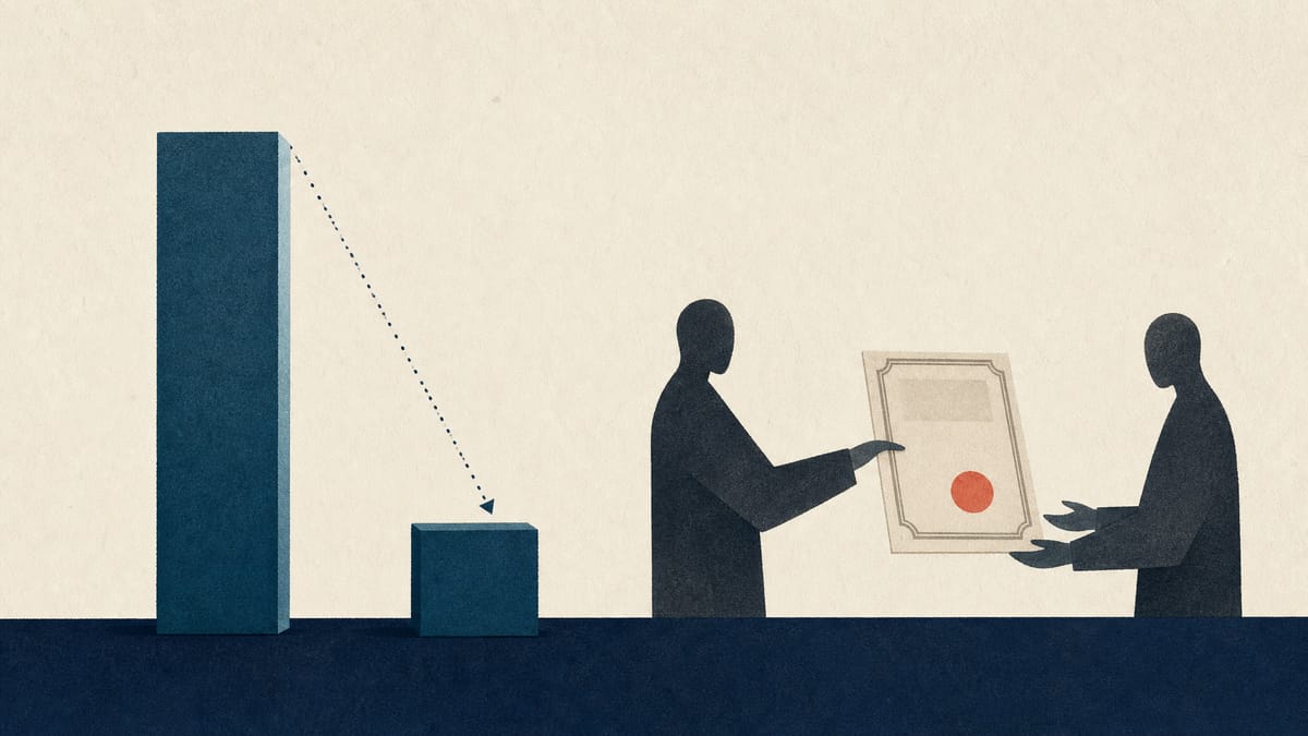 Illustration of a shrinking ownership-stake bar chart next to a warrant certificate being handed back, symbolizing Amazon reducing its potential holding in a Japanese company.