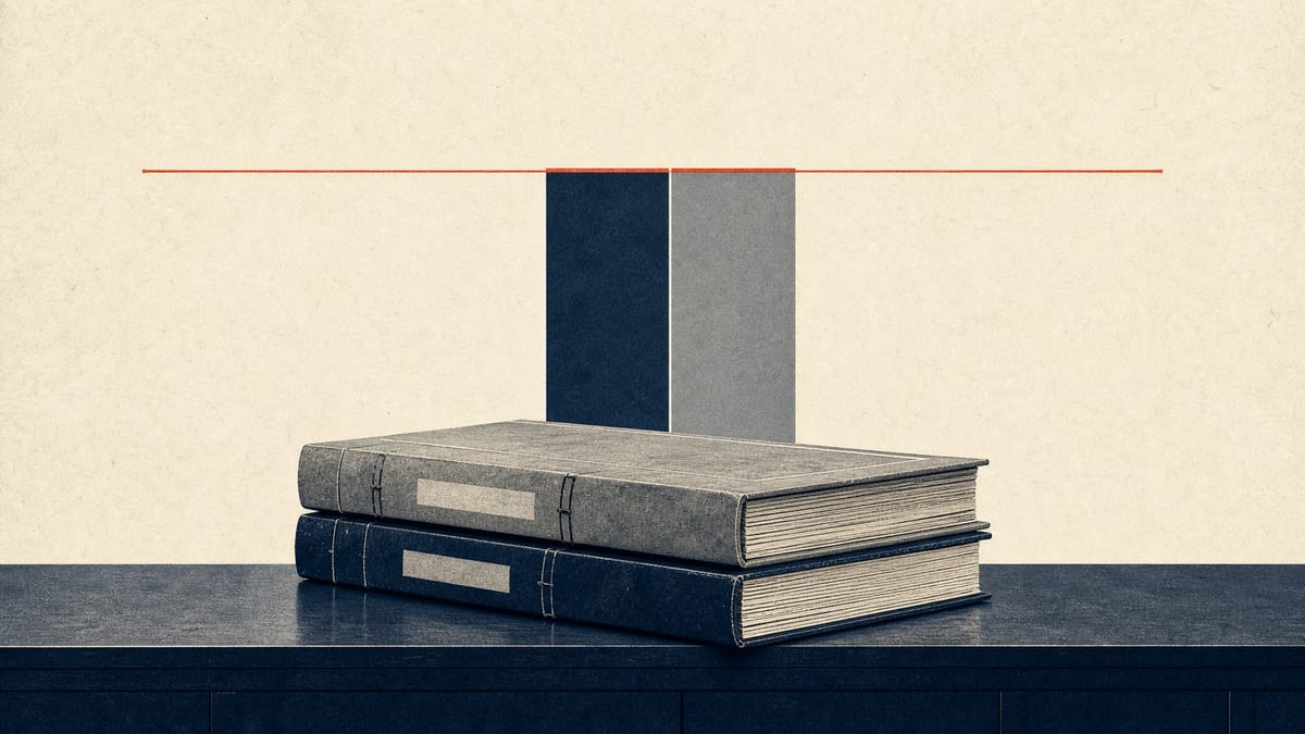 Editorial illustration of two shareholding bars crossing a five percent threshold line above stacked ledger books on a bank counter.