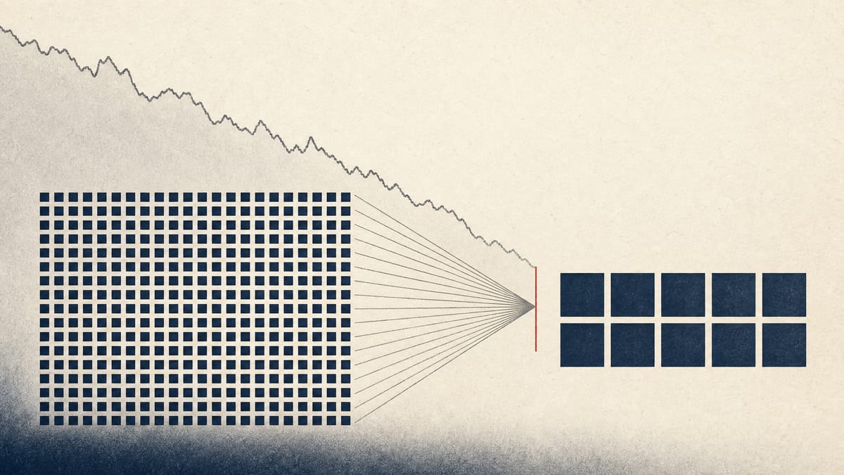 Abstract illustration of many small data units merging into fewer larger units against a faint declining line chart, representing an ETF unit consolidation.