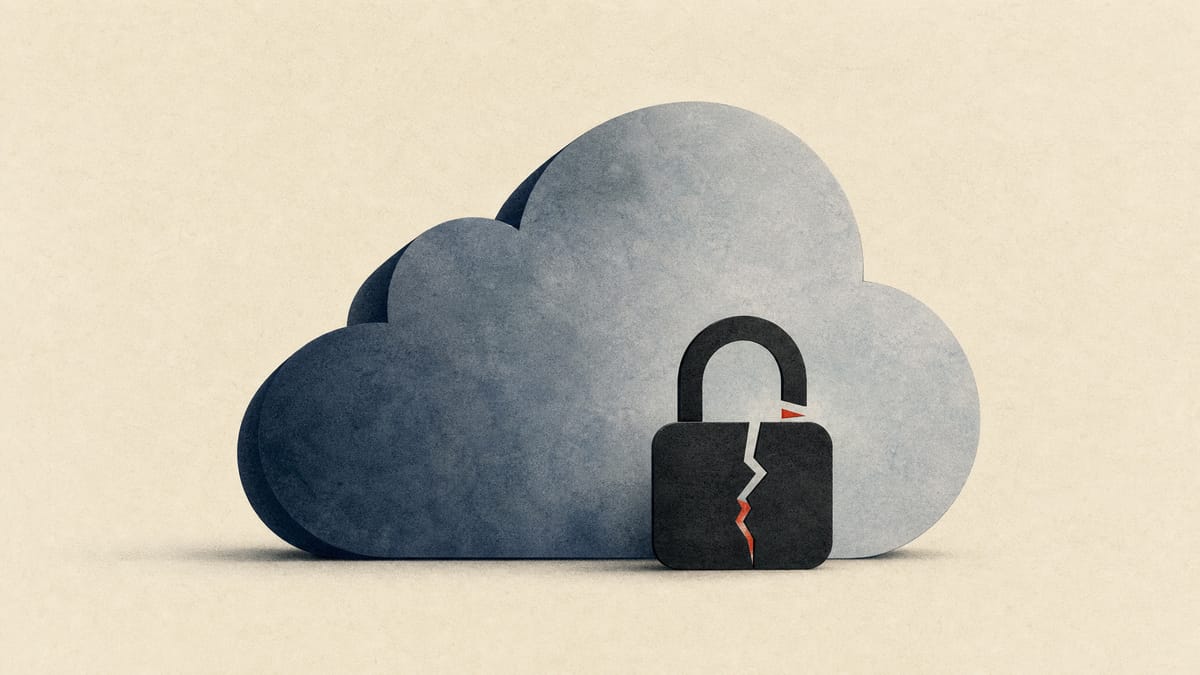 Abstract illustration of a cloud-shaped data storage form with a cracked padlock icon, symbolizing a cloud security access gap.