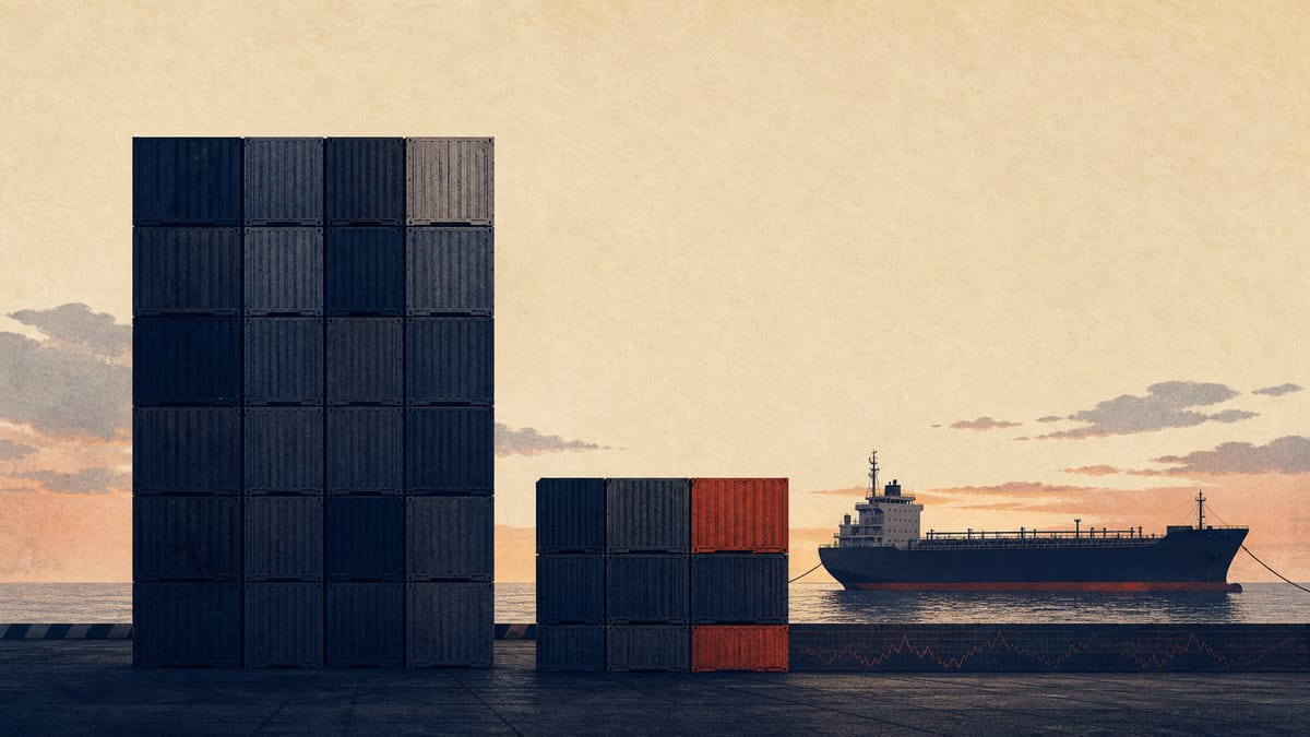 Illustration of a container port with uneven stacks of shipping containers and a docked oil tanker, symbolizing Japan's widening trade gap between imports and exports.