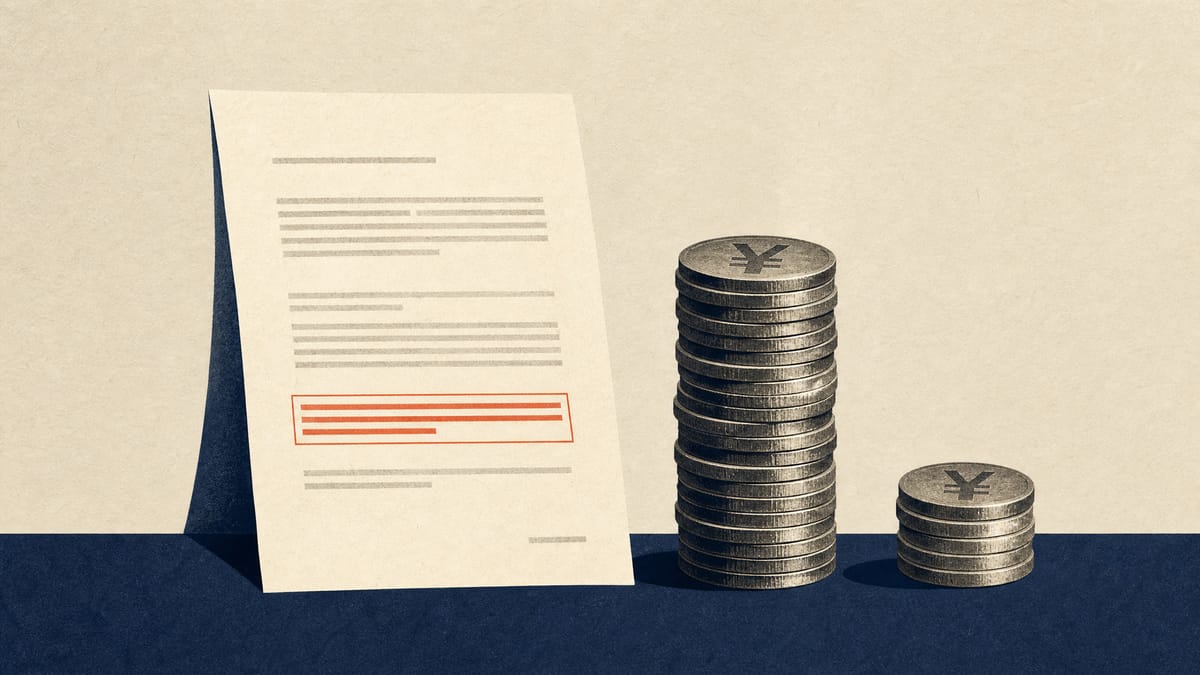 Illustration of a contract with a highlighted clause next to two very uneven stacks of yen coins, representing a large damages claim capped by a much smaller contractual liability limit.