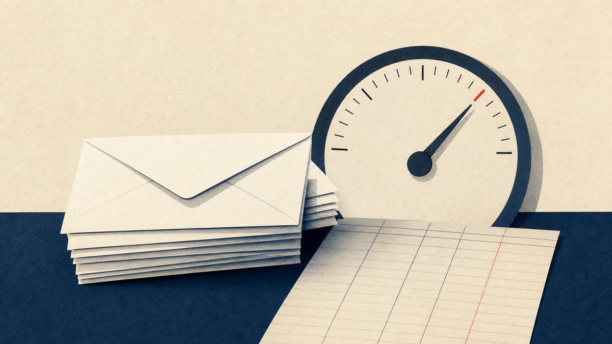 Illustration of stacked letter envelopes next to a cost-calculation dial and a ledger sheet, symbolizing the shift from a fixed postage cap to a cost-based approval formula.