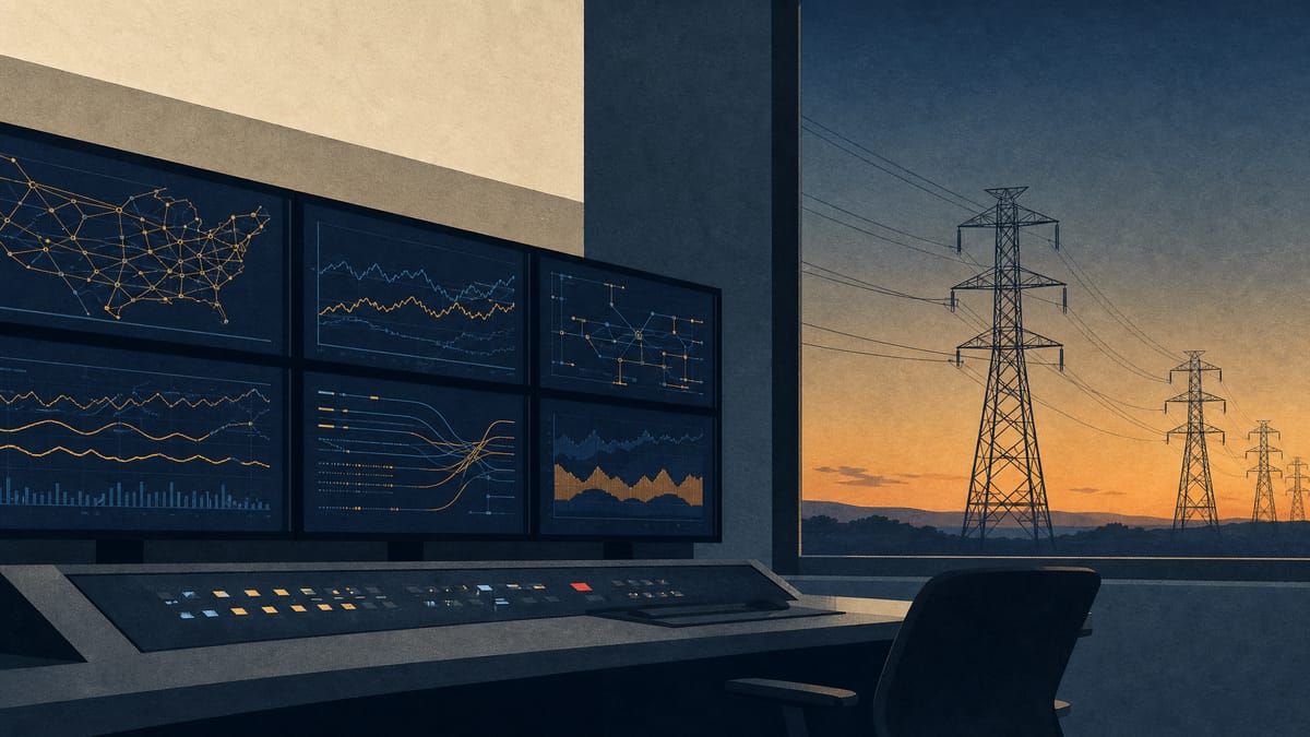 Illustration of a grid-control room with monitors displaying abstract electricity trading and flow data, with transmission towers visible outside.