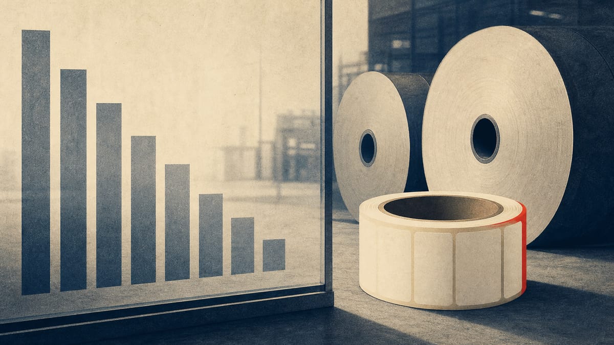 Photo-illustration of an adhesive tape roll and paper reels on a factory floor with a faint bar-chart pattern suggesting a shrinking ownership stake.