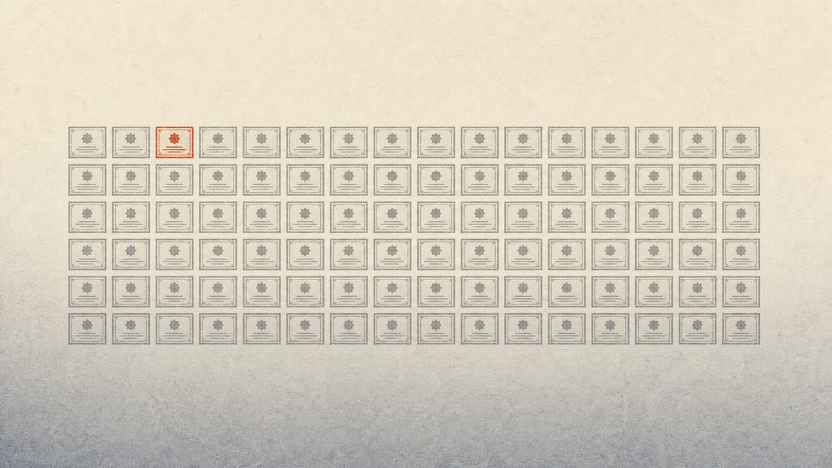 Abstract grid of grey share-certificate blocks with a small highlighted portion representing a five percent shareholding stake.