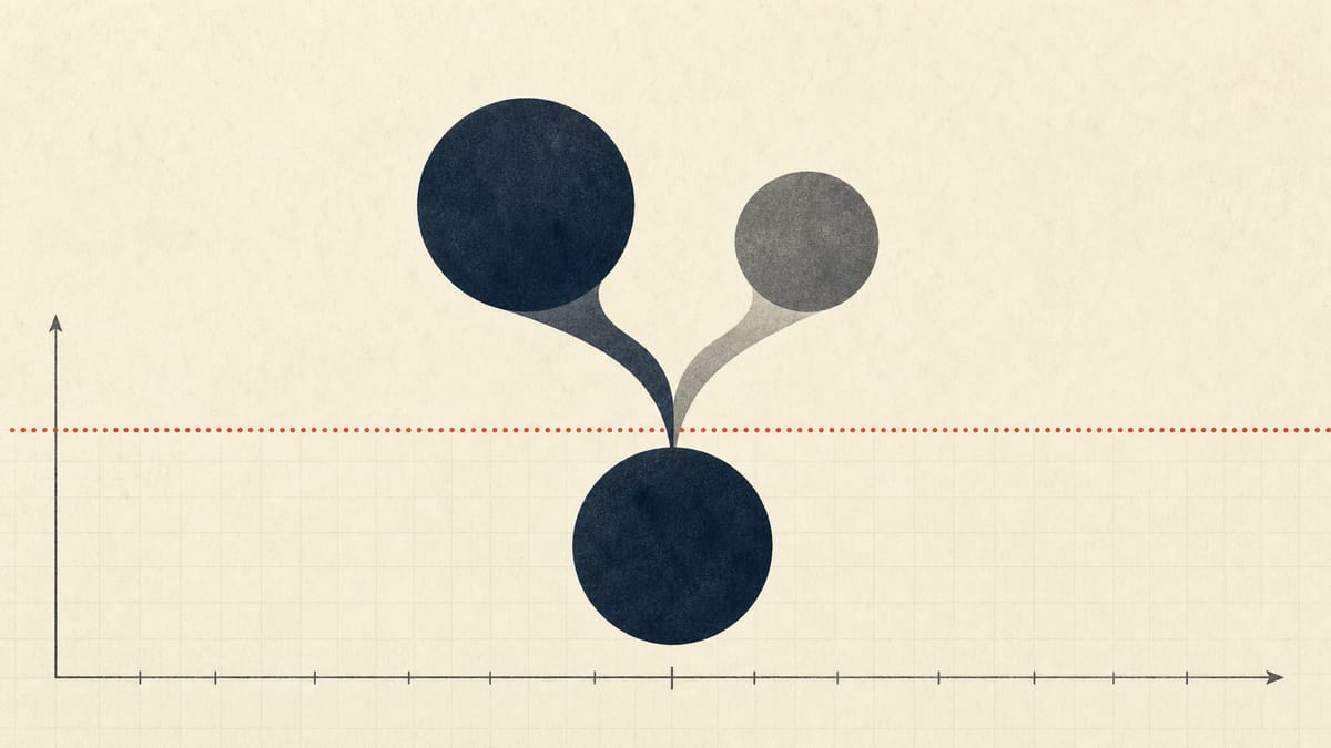 Abstract illustration of two overlapping ownership circles crossing a dotted five percent threshold line on a ledger grid, representing a combined shareholding disclosure.