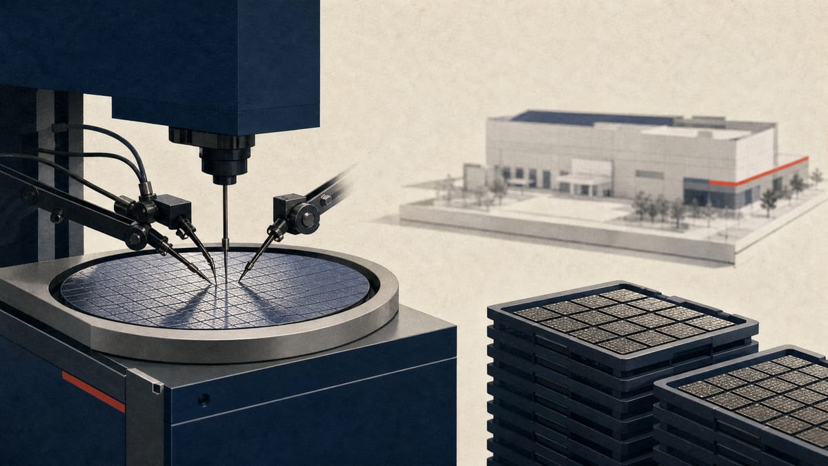 Illustration of a semiconductor wafer-test floor with probe stations and processor trays, suggesting capacity expansion at a chip-testing plant.