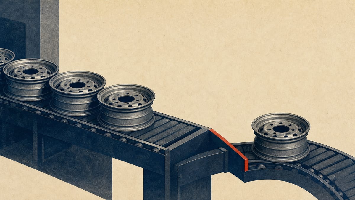 Unfinished steel automotive wheels on a factory conveyor line, with one set apart from the rest, representing a manufacturing subsidiary changing hands.