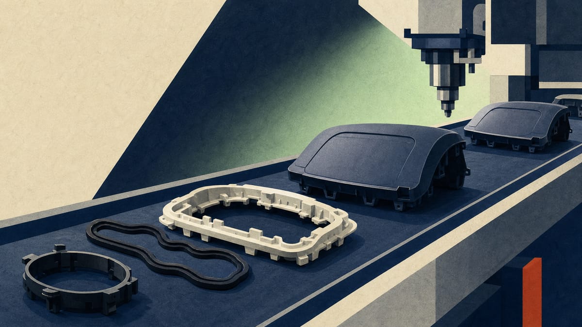 Editorial illustration of an automotive parts production line with airbag housings and resin components, evoking the safety-systems and decarbonization capital spending the bond will fund.