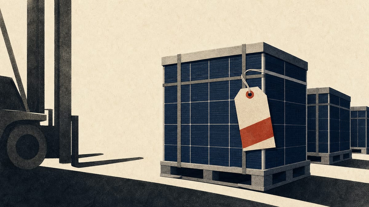 Solar cell pallets on a loading dock with a customs hold tag attached to one crate, evoking a detained shipment under trade and labor review.