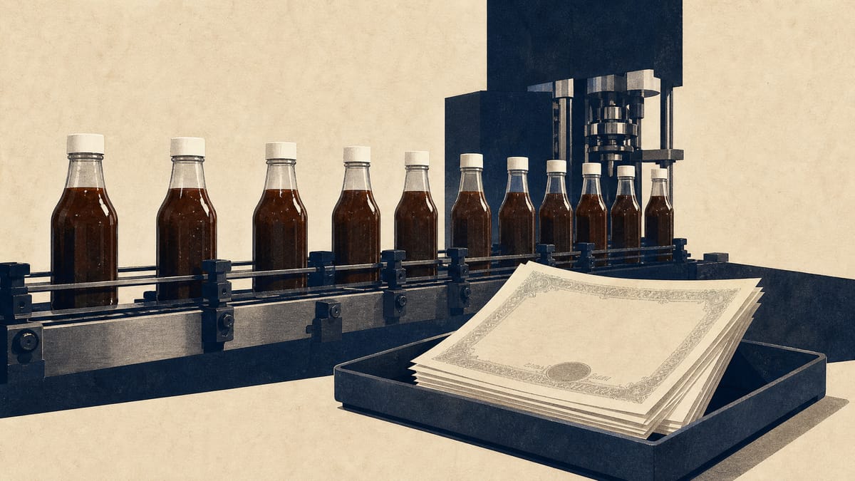 Illustration of a sauce bottling line with a small stack of share certificates being set aside, symbolizing a food maker selling off cross-shareholdings to improve capital efficiency.