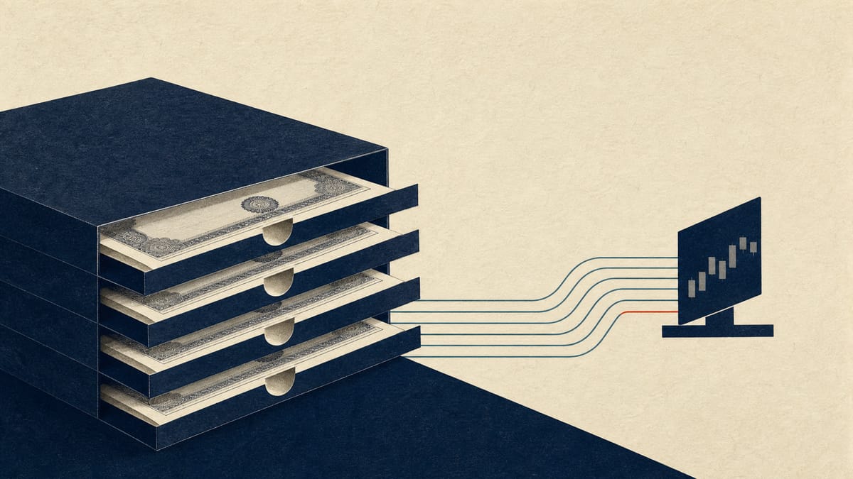 Stylized illustration of dollar bond certificates and currency flow lines representing a Japanese regional bank's overseas dollar bond issuance.