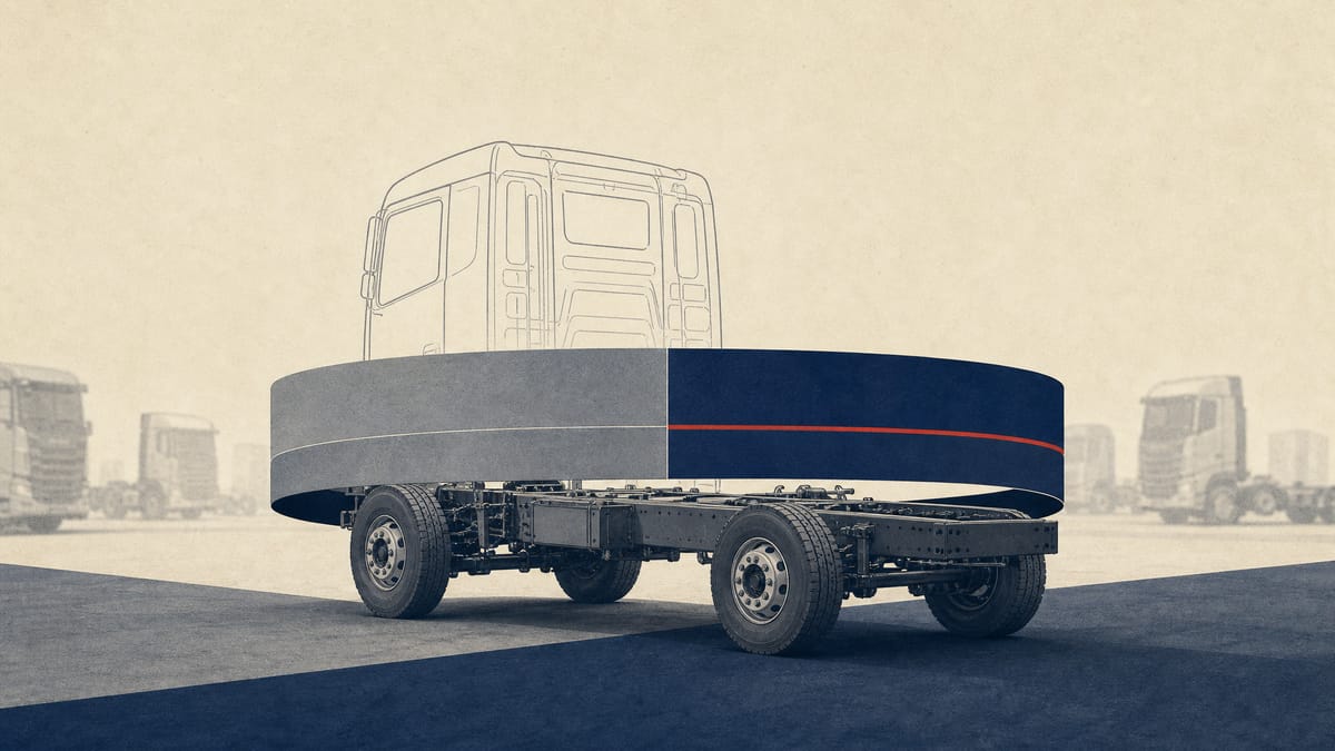 Illustration of two equal bands wrapped around a generic truck chassis symbolizing a 25 percent to 25 percent ownership split between two automakers, set in an industrial yard.