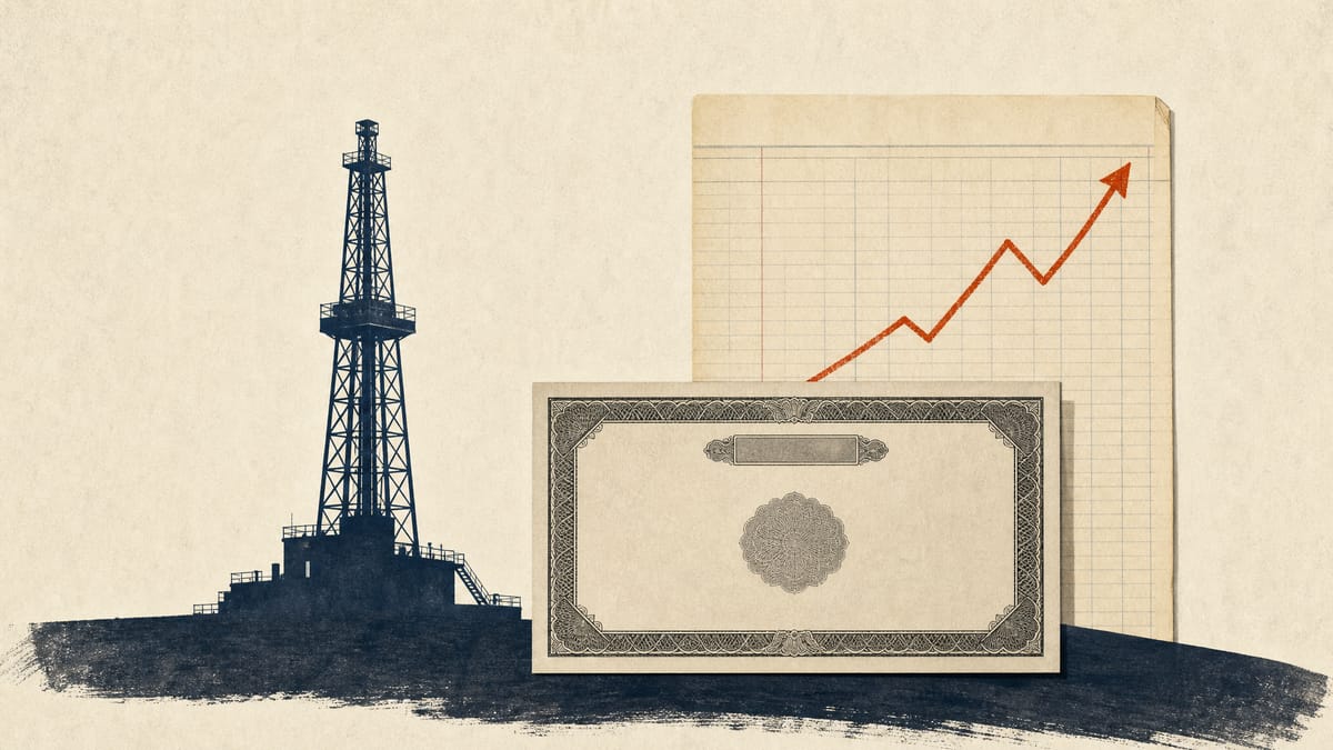 Abstract illustration pairing an oil derrick silhouette with a stock certificate icon and an upward financial line, symbolizing an energy company's gain from selling a listed security.